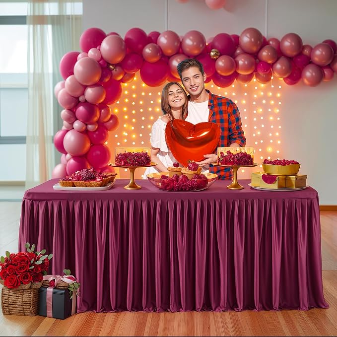 2 Packs Burgundy Polyester Table Clothes for 8 Foot Rectangle Tables, Wrinkle Free Fitted Table Cover 8ft Stretch Tablecloths with Skirt for Parties Weddings Birthday Banquet Baby Shower