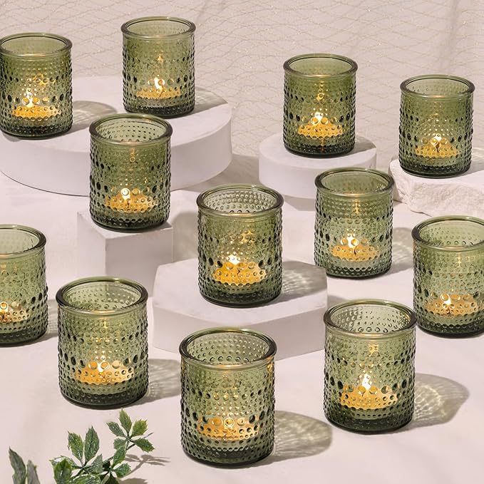 30 Pcs Green Votive Candle Holders, Glass Tea Lights Holder with Polka Dot Embossed, Vintage Candle Holder for Weddings, Home Decor, Baby Shower, Special Occasions