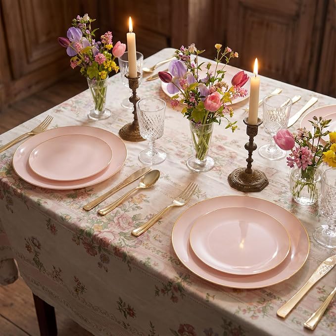 bUCLA 200PCS Pink Plastic Plates - Heavy Duty Pink Disposable with Gold Rim - Include 100 Each (10 inch Dinner & 7 inch Dessert) Plates, Ideal for Party & Wedding
