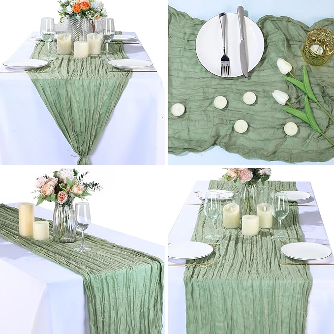 Foaincore 12 Pack Cheesecloth Table Runner 13ft Boho Gauze Table Runner Rustic 157" Long Cheese Cloth Romantic for Wedding Bridal Baby Shower Arbor Decor(Green)