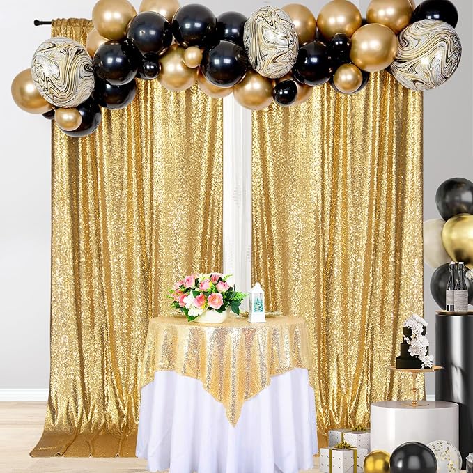 PartyDelight Gold Sequin Backdrop Curtains 5x10ft 2 Panels | 3mm stitched sequin curtain with 4 inch rod pocket for 5x10ft wide reception wall head table stage backdrop and event display