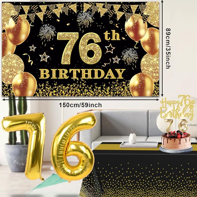 76th Birthday Decorations Men Women with 76th Birthday Banner, Black and Gold Table Cloth, Number Balloons, Sash, Cake Topper and Candles