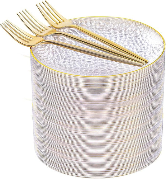 Rubtlamp 200 Pcs Clear Dessert Plates 7" with Forks 7.6",Clear Plastic Cake/Appetizer Platos, Dessert Plates Disposable, Hammered Party Platos Include 100platos and 100forks for Party&Birthday
