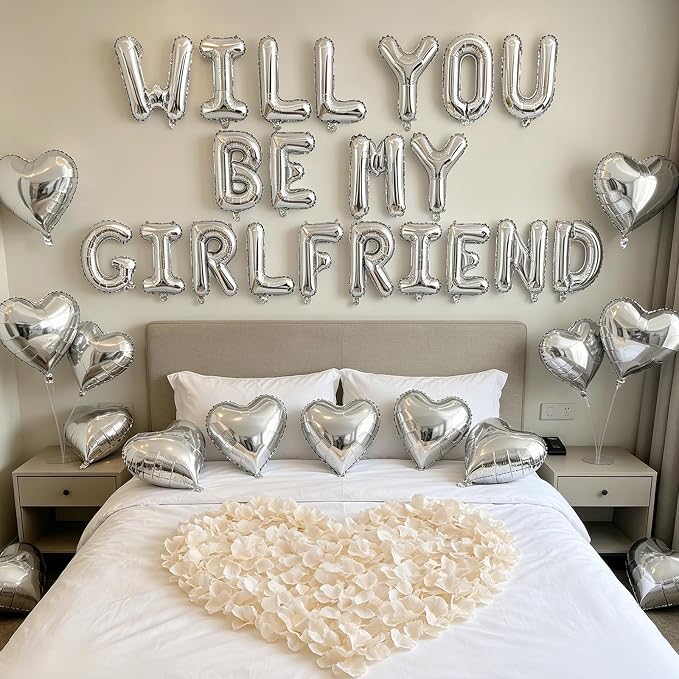 2 Set Silver Will You Be My Girlfriend Balloons - 42pcs 16" Letter Balloon 1200pcs Cream White Artificial Rose Petals 10pcs 18" Heart Balloons Alphabet Foil Balloon for Valentines Day Decorations