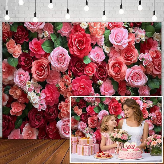 7x5ft Flower Wall Backdrop Pink Floral Background for Valentine's Mothers Day Wedding Birthday Anniversary Party Decoration, Photo Booth Banner for Couple Engagement Event Decor 101