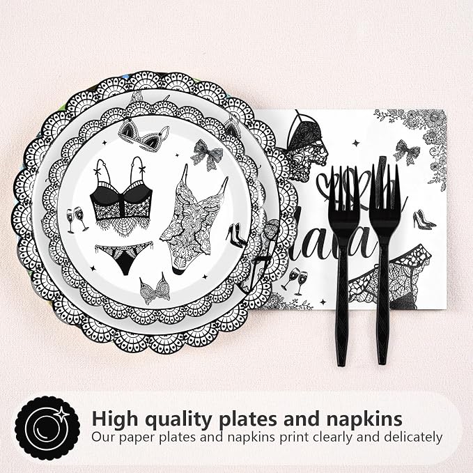 96Pcs Black Lingerie Bridal Shower Decorations Bras and Panties Plates and Napkins Lingerie Bachelorette Party Tableware for Women Girls Underwear Bachelorette Bridal Shower Party Supplies Serves 24