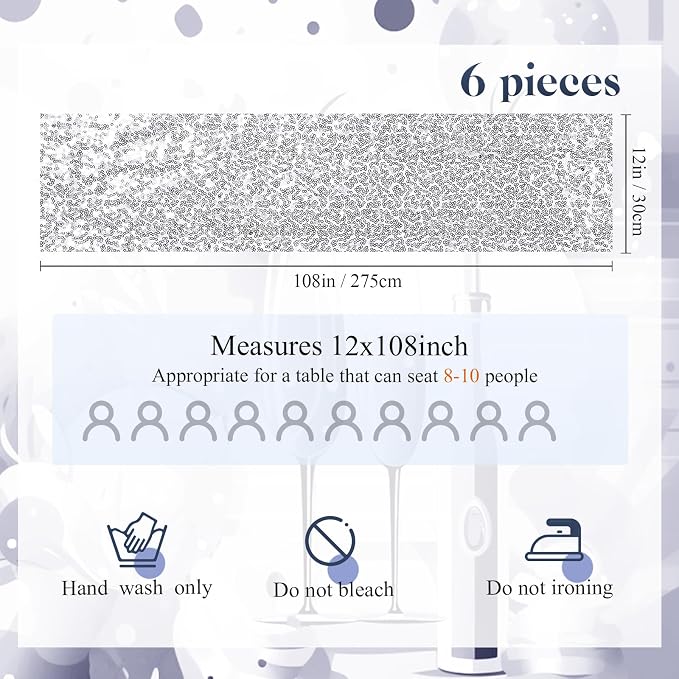 Newwiee 54 Pcs Silver Sequin Chair Sashes and Table Runners, 48 Sequin Chair Bows, 6 Glitter Table Runners for Birthday Party Wedding Banquet Holiday Decorations