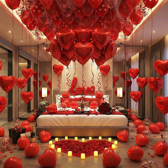 Valentine’s Day Decorations Set – Red Heart Balloon Kit with LOVE Foil, LED Candle Lights & Rose Petals, Romantic Room Decor for Proposal, Bedroom or Hotel