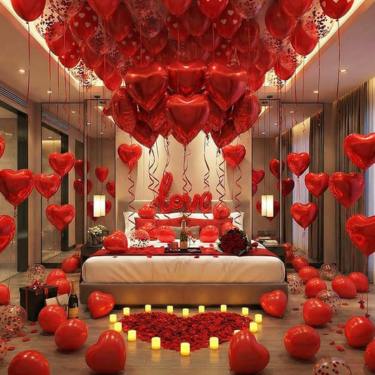Valentine’s Day Decorations Set – Red Heart Balloon Kit with LOVE Foil, LED Candle Lights & Rose Petals, Romantic Room Decor for Proposal, Bedroom or Hotel