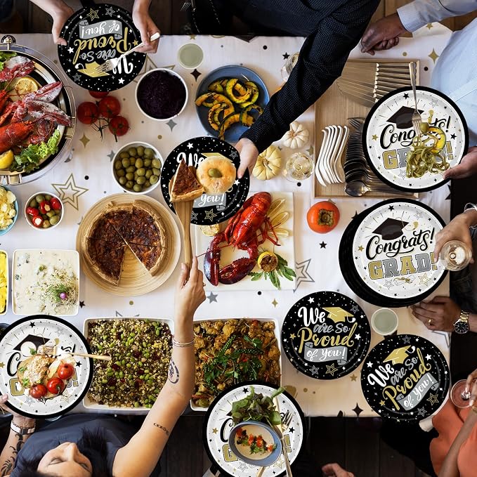 Graduation Decorations 2026 Black and Gold Grad Party Supplies with Disposable Plates, Napkins, Tablecloth, Cups and Congrats Grad Banner for 24 Guests - Graduation Party Decorations