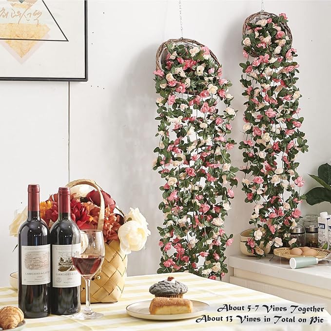 8pcs x 8.2ft Artificial Flower Garland Floral Rose Vine Decor, Pink Flowers | PONKING Fake Rose Vine Flowers Hanging Faux Roses String for Room Party Home Wedding Birthday Wall Arch Decoration