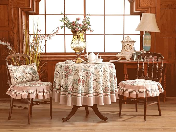 patdrea Vintage French Linen Tablecloth,Round,Diameter 67"-Kulom A | Elegant Table Cloth for Round Table,Leaves and Bird Patterned,Dining Room Tea Party Thanksgiving Decor,Pink