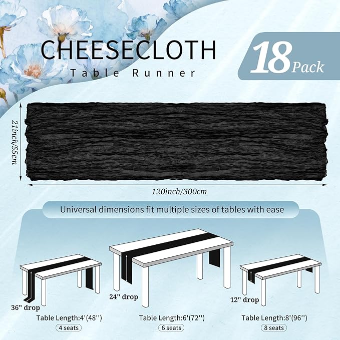 18 Pack Cheesecloth Table Runner 10FT Black Table Runner Boho Gauze Cheese Cloth Table Runners Long Rustic Sheer Table Decorations for Wedding Party Baby Bridal Shower Birthday Holiday Home