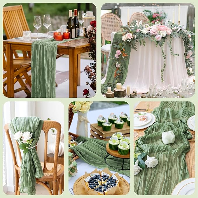 Wokceer Sage Green Cheesecloth Table Runner Spring 2Pack 10FT Boho Gauze Easter Table Runner for Party Long Rustic Sheer Runners for Baby Bridal Shower Wedding