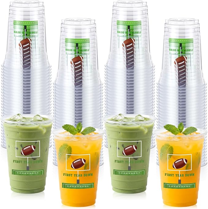 100 Pcs First Year Down Birthday Decoration Cups 16 oz Clear Disposable Football Plastic Party Cups Bulk for 1st Year Birthday Party Supplies Sports Themed Baby Shower