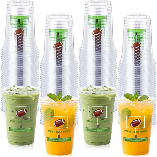 100 Pcs First Year Down Birthday Decoration Cups 16 oz Clear Disposable Football Plastic Party Cups Bulk for 1st Year Birthday Party Supplies Sports Themed Baby Shower