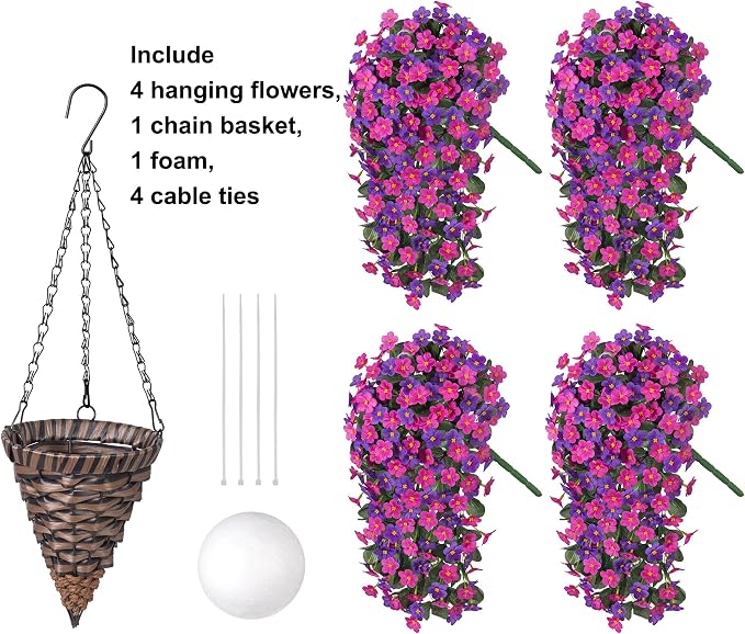 Artificial Flowers Baskets for Outdoor Decoration, Fake Hanging Plants Silk Dark Purple Fuchsia Daisy Mums Trailing Vines in Planter Realistic UV Resistant for Balcony Porch Decor