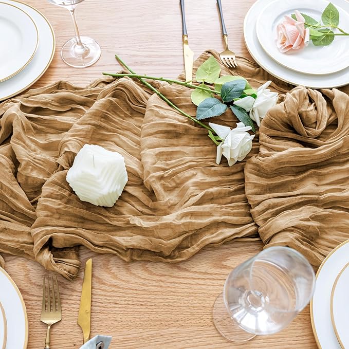 Wokceer Cheesecloth Table Runner 12Pack 10FT Khaki Boho Gauze Cheese Cloth Table Runner for Party Long Rustic Sheer Table Runners for Baby Bridal Shower Wedding Easter Table Decor