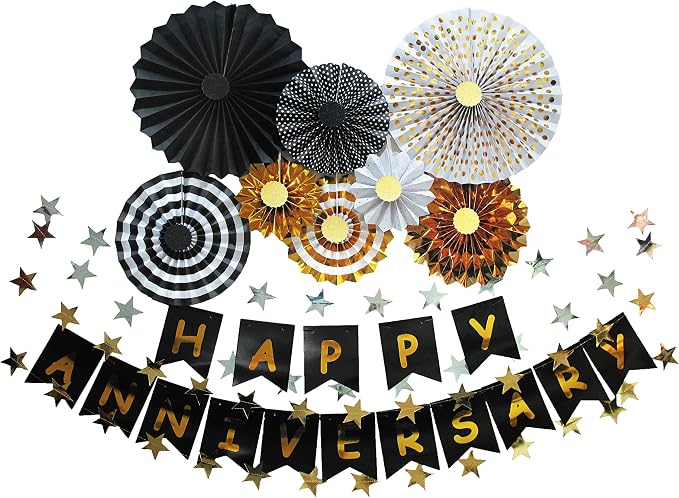 Happy Anniversary Banner Party Hanging Paper Fans Decoration for Birthday Wedding Party, Happy Anniversary Decorations.
