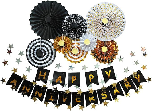 Happy Anniversary Banner Party Hanging Paper Fans Decoration for Birthday Wedding Party, Happy Anniversary Decorations.