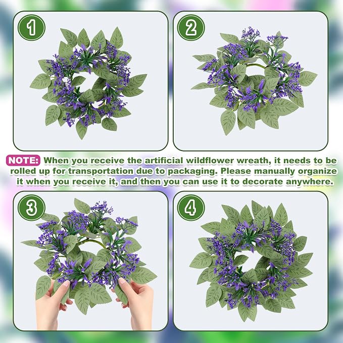 8PCS Candle Rings Wreaths - Artificial Lavender Wreath,Center Spring Wreath Rings,Flower Pillar Candle Holder Wreaths for Tapers Candelabra Wedding Party Home Table Centerpieces