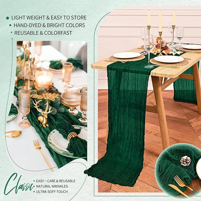 4 Pack Cheesecloth Table Runner 10FT Emerald Green Table Runner Boho Gauze Cheese Cloth Table Runners Long Rustic Sheer Table Decorations for Wedding Party Baby Bridal Shower Birthday Holiday Home