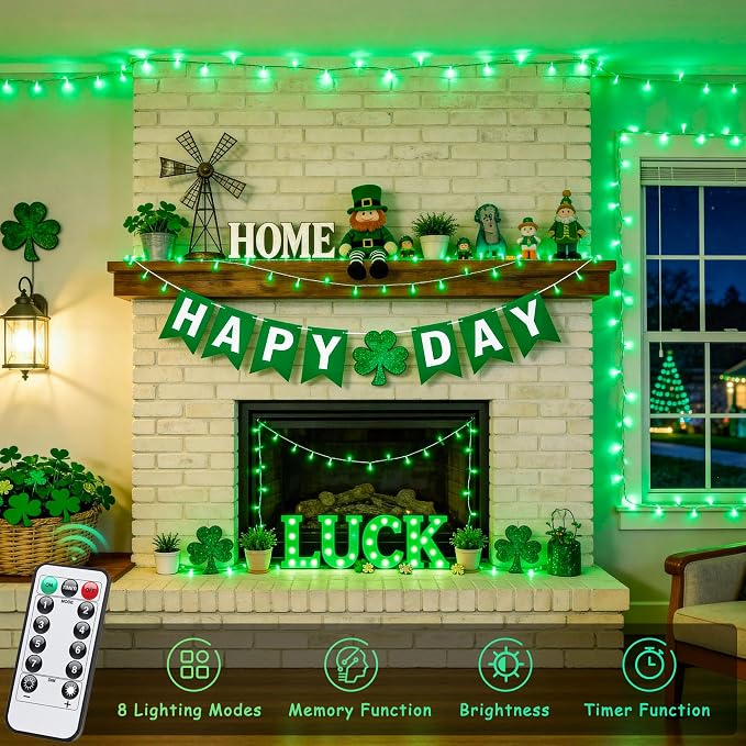 JMEXSUSS 33ft 100 LED Green Battery Operated Lights for St. Patrick's Day Decorations, Green Christmas Lights Battery Operated, St. Patrick's Day String Light Indoor Outdoor for Tree House Yard Xmas