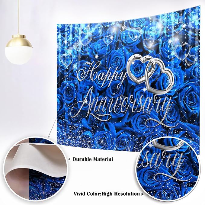 Mocsicka Happy Anniversary Backdrop Wedding Together Anniversary Party Decoration Red Rose Florals Gold Bokeh Heart Background Wedding Couple Love Party Supplies (Blue, M-(82x60 inch))