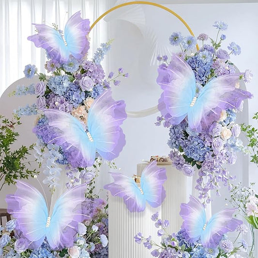 Geelin 6 Pcs Large Purple-Blue Gradient Butterfly Decorations Mariposas Grandes para Decoracion Butterfly Party Decor 20 Inch 12 Inch 3D Silk Butterflies for Baby Shower Women Birthday Party Wedding