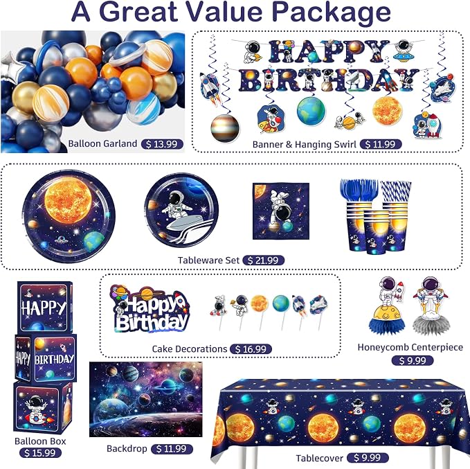 296PCS Space Birthday Decorations, All-in-1 Party Pack, 25 Serves Disposable Tableware Set, Includes Balloon Boxes, Backdrop Tablecloth for Outer Astronaut Birthday Decorations