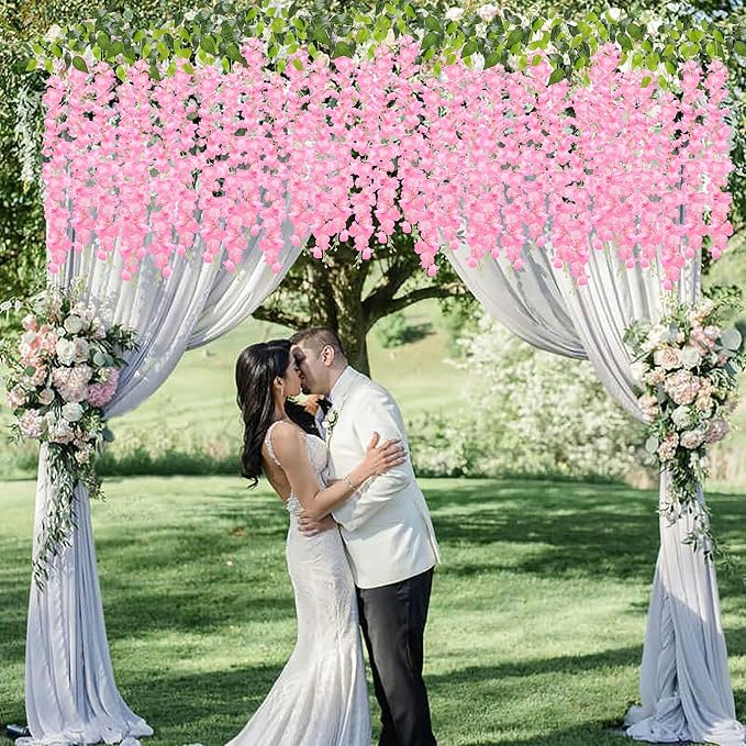 Pauwer Wisteria Hanging Flowers 24 Pack Fake Flower Garland Artificial Wisteria Vines Rattan Silk Flower String Wedding Party Wall Decorations,Pink