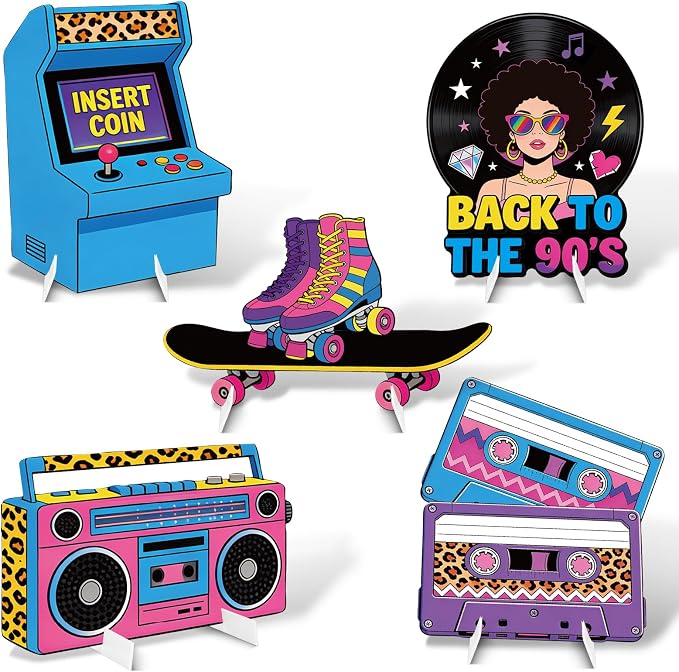 5Pcs 90s Party Decorations, Large Retro Theme Cardboard Cutouts Arcade Game Machine Boombox Vintage 90s Yard Sign for Neon Hip Hop Music Birthday Indoor Outdoor Photo Props Booth Backdrop