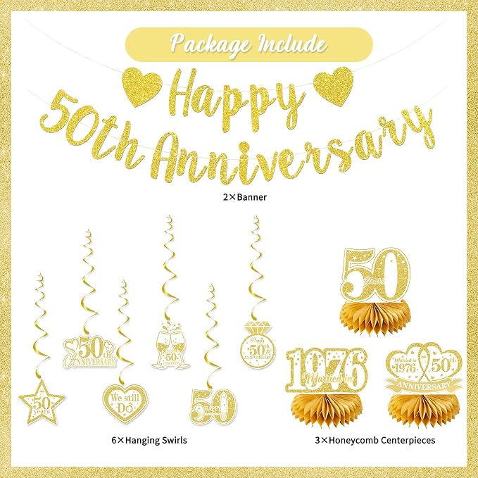 Holkcog White Gold 50th Anniversary Decorations, Gold Glitter Happy 50th hang Banner, Hanging Swirls,Honeycomb, Cheers to 50 Years Party Supplies，50 Years Anniversary Party Decorations