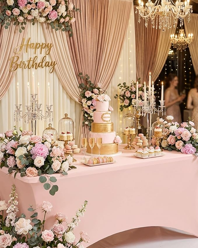 Fixwal Pink Tablecloths for 8 Foot Rectangle Tables, 2 Pack Spandex Stretch Fitted Table Covers for Party, Trade Show, Banquet, Wedding, Buffet
