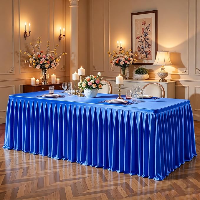 1 Pack Royal Blue Satin Tablecloths Rectangle 6FT, Glitter Spandex Fitted Stretch Table Covers Wrinkle-Free Floor Length Shimmer Table Skirt for Weddings Parties Baby Shower Banquets Vendor Events