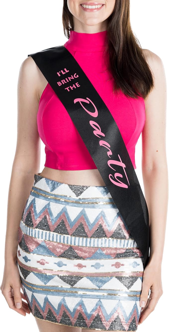 Funky Junque Bridal Sash Bachelorette Party Bridal Shower Gift - I'll Bring The - Party (Black/Hot Pink)