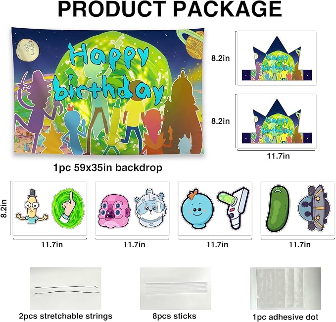 Allenjoy Cartoon Fantasy Space Adventure Birthday Party Supplies Sets - 1pc 59" x 35" Backdrop, 2pcs Paper Headwear, 8pcs Photo Booth Props