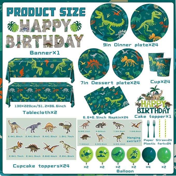 Dinosaur Birthday Decorations, 197Pcs Dinosaur Party Decorations Tableware Set Include Dinosaur Plates,Napkins,Cups,Balloon,Banner,Hanging Swirl,Cake Toppers,Tablecloth for Boy Dino Birthday Supplies