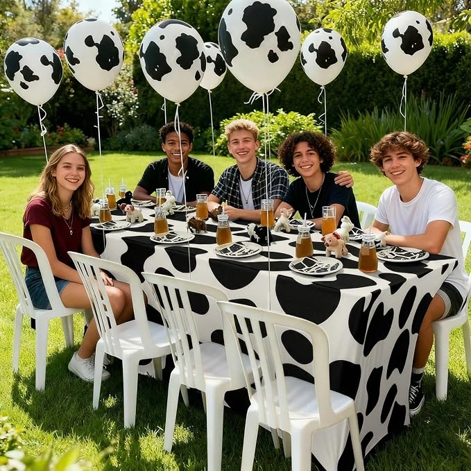 Frienda 2 Pcs Cow Pattern Tablecloth Stretch Spandex Black and White Cow Pattern Table Cover 71 x 30'' Rectangle Tablecloth for Farm Animal Themed Birthday Baby Shower Party Decorations
