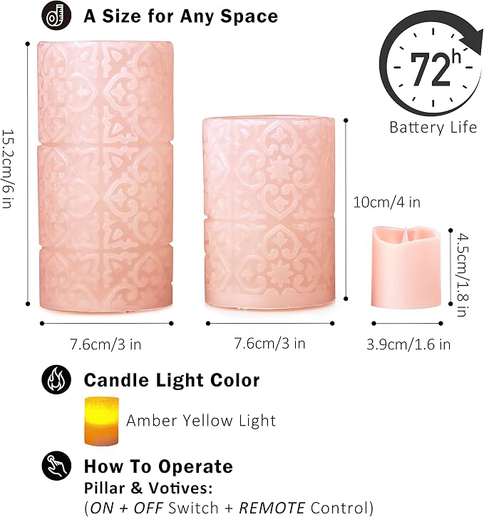 FURORA LIGHTING Pink Rome Flameless Candles - Real Wax, Adjustable Brightness, Remote & Timer - 4 Pillars (3x4, 3x6) and 4 Votives, 8-Pack, Battery Operated