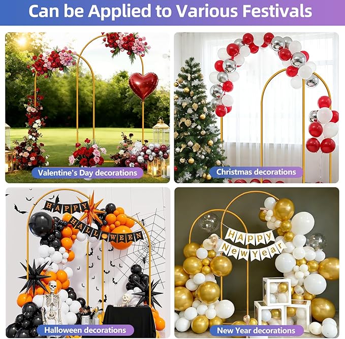 Hemmotop Gold Metal Arch Backdrop Stand Set of 2, 7.2ft and 6ft | Pieces are Labeled for Easy Assembly, Ground Stakes for Stable Base, Versatile for Wedding, Bridal Shower, Party Decoration