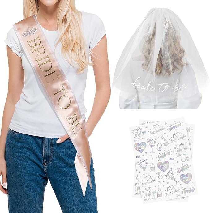 Luxury Bride to Be Sash Set – Embroidered Sash with Colored Trim, Embroidered Veil & Temporary Tattoos – Bridal Shower Hen Night Bachelorette Party Accessories
