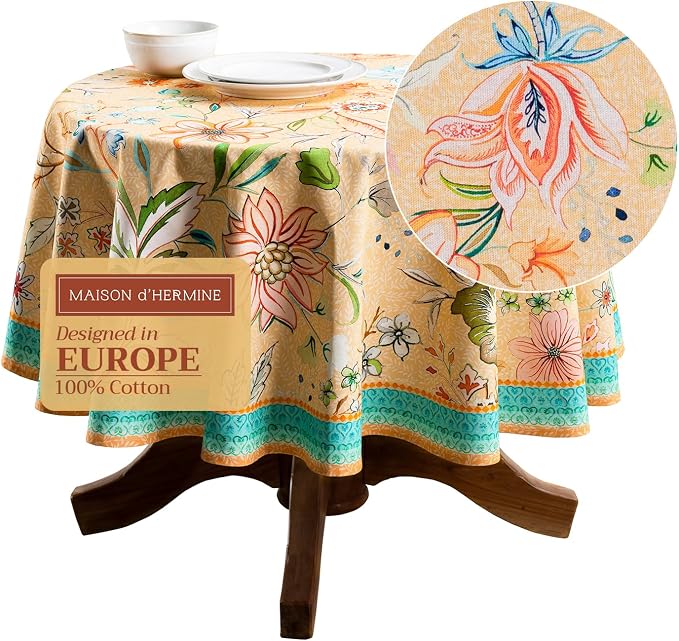 Maison d' Hermine Table Cloth Round Table 100% Cotton 63 Round Inches Tablecloth Reusable Decorative for Dining Kitchen Room Farmhouse Party Home Hotel Restaurant Spring Summer - Luxury Loft - Peach