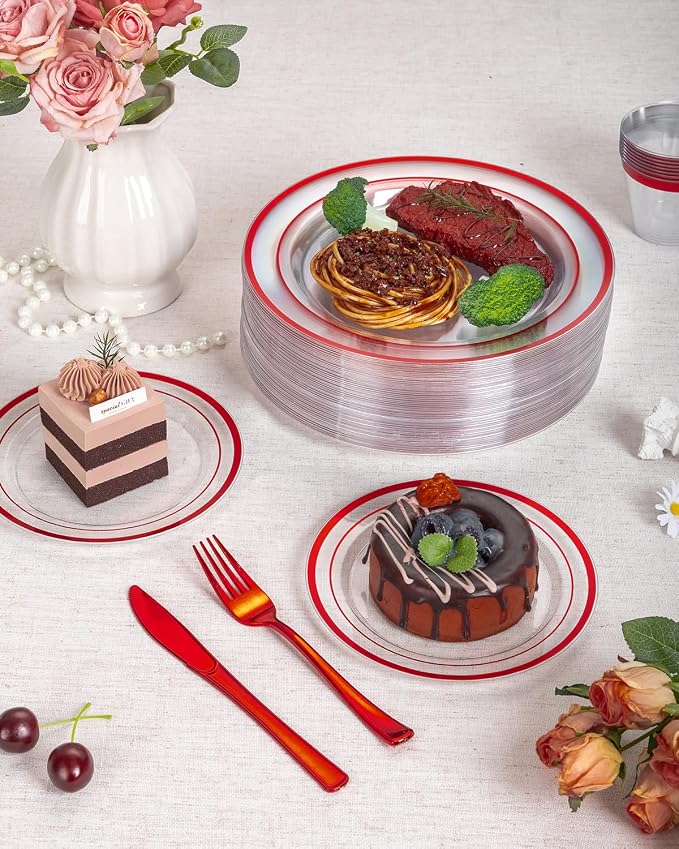 Goodluck 700 Pcs Red Plates and Napkins Party Supplies, Clear Plastic Plate | Include 200 Plates, 100 Pre Rolled Napkins with Silverware, 100 Cups for 100 Guests for Party, Christmas, Graduation, Wedding