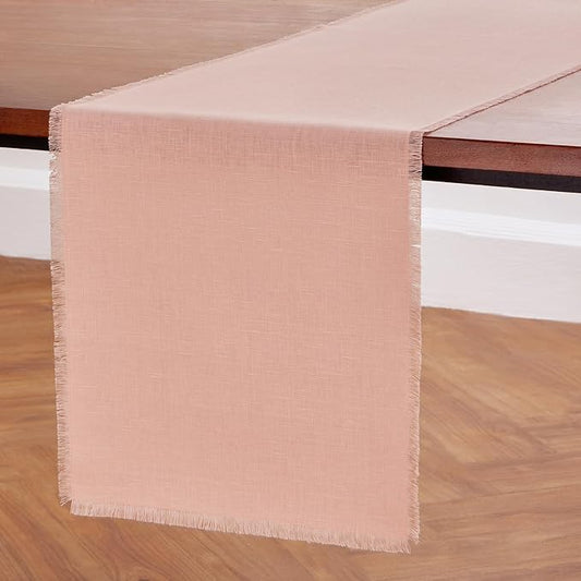 Solino Home Linen Misty Pink Table Runner 72 Inches Long - Fringe, 100% Pure Linen Dining Table Runner 14 x 72 Inch for Mothers Day, Spring, Summer