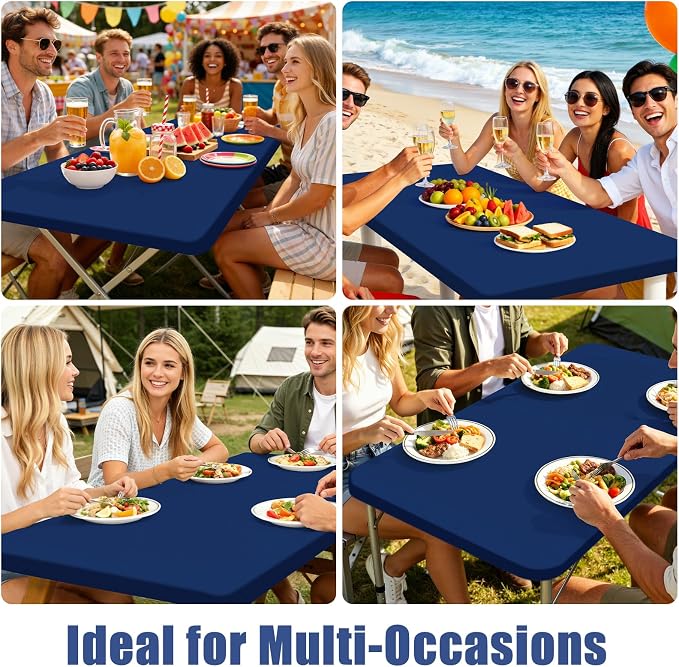 Moosfor Spandex Rectangle Table Cloth 4 Pack, Elastic Fitted Tablecloths for Picnic, Stretch Washable Patio Table Cover for Outdoor, Camping, Banquet and Parties (Navy, 36"x60")