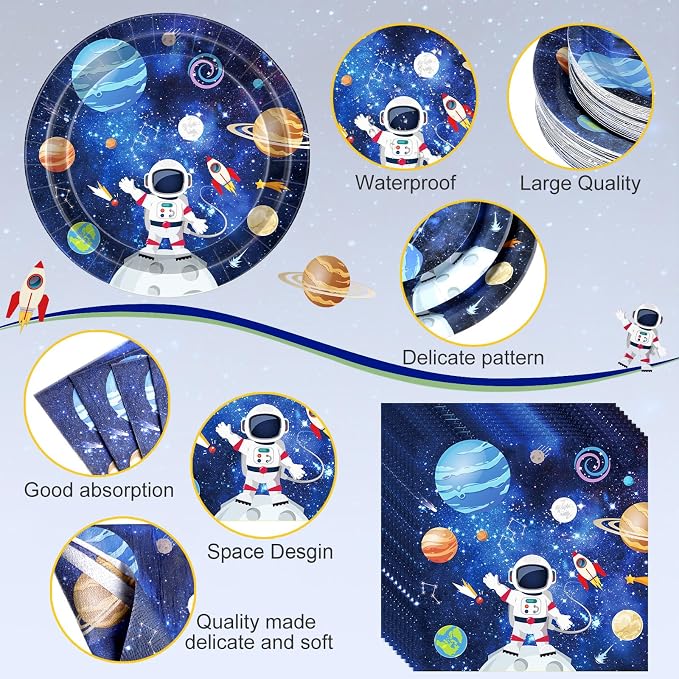 Potchen 452 Pcs Party Supplies Serve 50 Guests, Paper Plates Napkins Cups Cutlery Plastic Tablecloth Dinnerware for Birthday Wedding Party Decoration(Dark Blue, Space)