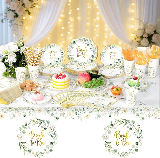 Funnymoom 452 Pcs Sage Green Bridal Shower Decorations for 50, Bride to Be Bridal Shower Paper Plates Napkins Cups Tablecloth Cutlery Straws for Eucalyptus Leaves Wedding Party Supplies