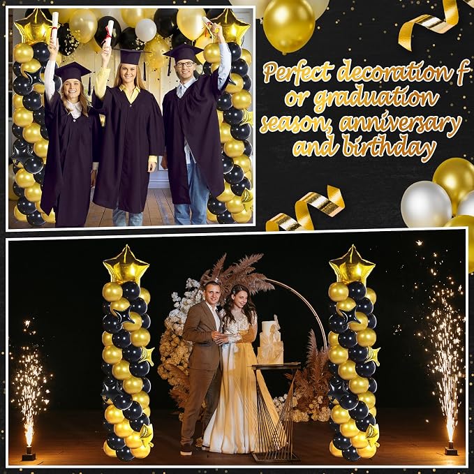 Gejoy 110 Pcs Black Gold Balloons Column Stand Kit Adjustable Tower Stand from 1.4 to 6.6 ft with Bases for Back to School Wedding Birthday Baby Shower Party