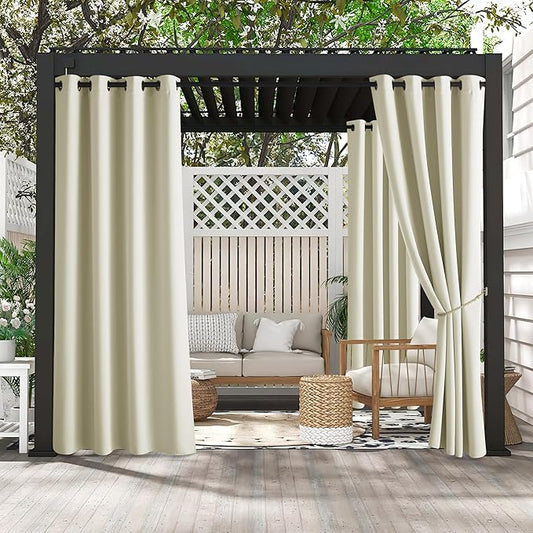 RYB HOME 2 Panels Fade Resistant Outdoor Curtains for Patio Waterproof Block Sunlight Thermal Insulated Privacy Thick Outside Curtains for Porch, Gazebo, Pergola, W52 x L108, Beige